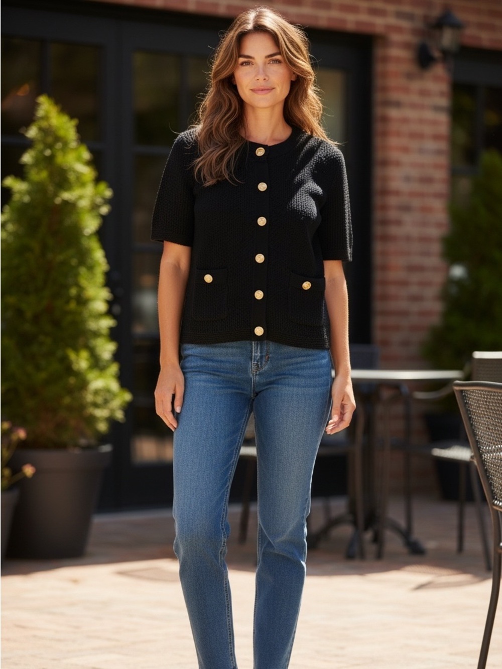 Adrianna Papell Short Sleeve Textured Knit Cardigan Black Gold Buttons Small - Picture 3 of 8